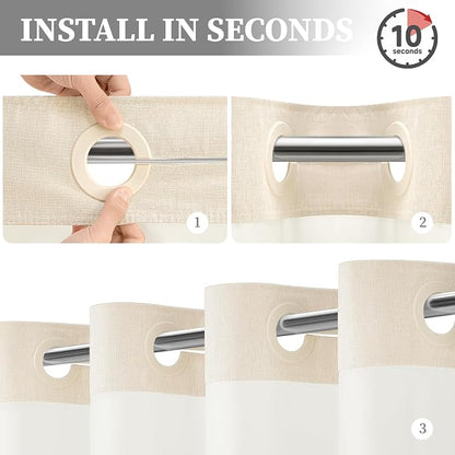 Cream Ringless Linen Textured Shower Curtain with Snap in Liner, 72x75 | 3 in 1 Hotel Shower Curtain Set, Removable Liner, Waterproof & Washable, Mesh Top Window, Durable Fabric, Easy to Install