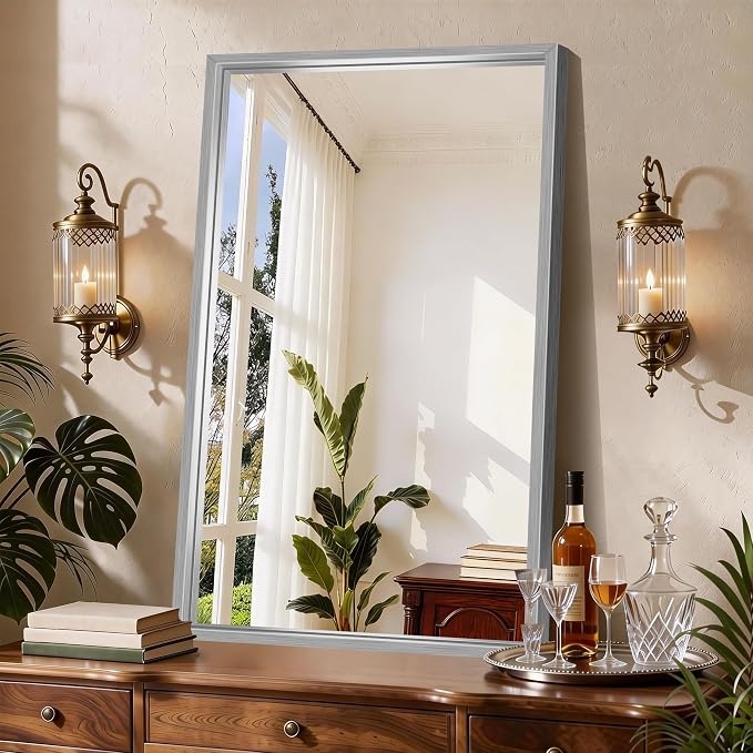 CIRCUMI 24"x40" Brushed Silver Bathroom Mirror, Rectangular Vanity Mirror | Chunky Box Metal Frame, Shatterproof, Tempered Glass, Bathroom Remodel&New Home,Wall Mirror for Over Sink,Living Room,Hallway