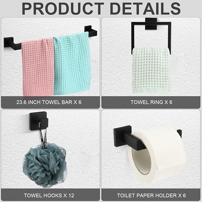 Gisafai 30 Pcs Black Bathroom Hardware Accessories Set 23.6 Inch Bath Towel Bar Kit Stainless Steel Bathroom Hardware Set Towel Racks Ring Robe Hooks Paper Holder for Wall Mounted
