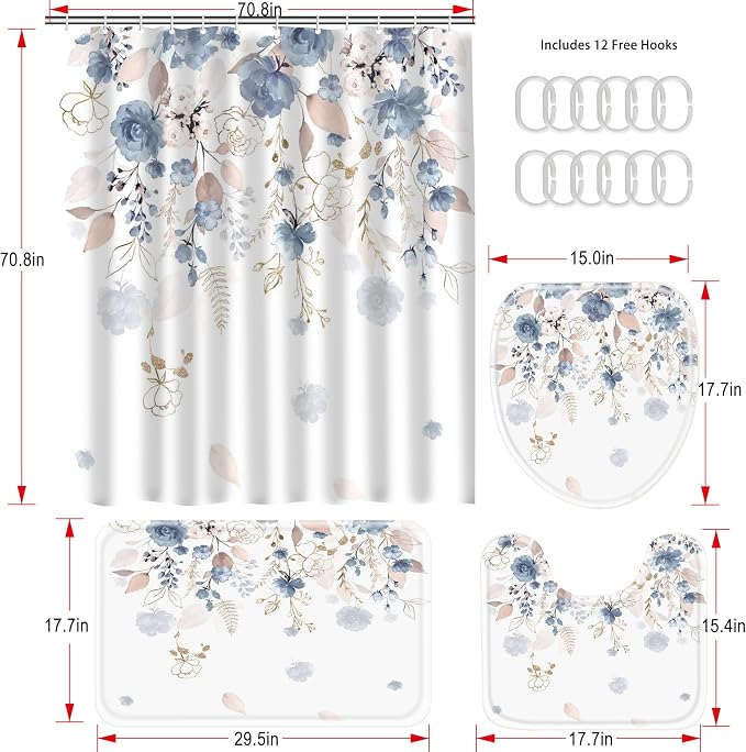 16 Pcs Blue Floral Flower Shower Curtain set, 72Wx72H Inch Watercolor Pastel Plant Complete Bathroom Set Non-Slip Bath Rug Toilet Lid Cover and U Shape Mat Accessories 12 free Hooks Bathoom Decor