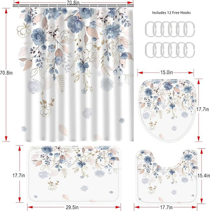 16 Pcs Blue Floral Flower Shower Curtain set, 72Wx72H Inch Watercolor Pastel Plant Complete Bathroom Set Non-Slip Bath Rug Toilet Lid Cover and U Shape Mat Accessories 12 free Hooks Bathoom Decor