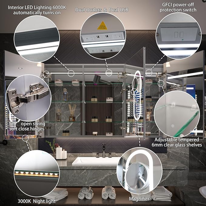 Recessed Medicine Cabinet with Lights, 60x36 Lighted Medicine Cabinet with Mirror, 5XMagnifier, GFCI Outlet, Soft-closed, Front&Backlit, Anti-Fog, Dimmable&Tunable, Sensor Lights, Adjustable Shelves