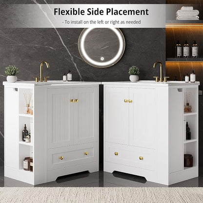 IRONCK Bathroom Vanity with Ceramic Sink, 30" Bathroom Cabinet, White | Features a Ceramic Sink, 3 Doors, 1 Drawer and Flexible Side Storage for Organized Bathroom Storage