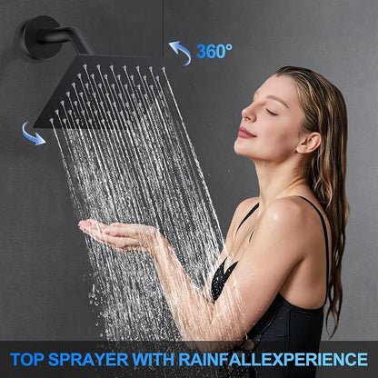 Woindo Shower Faucet Set, 12" Wall Mount Rainfall Shower System with 2 Rain Shower Head and Multi-function Handheld Head Push Button Diverter Shower Faucet Trim Kit