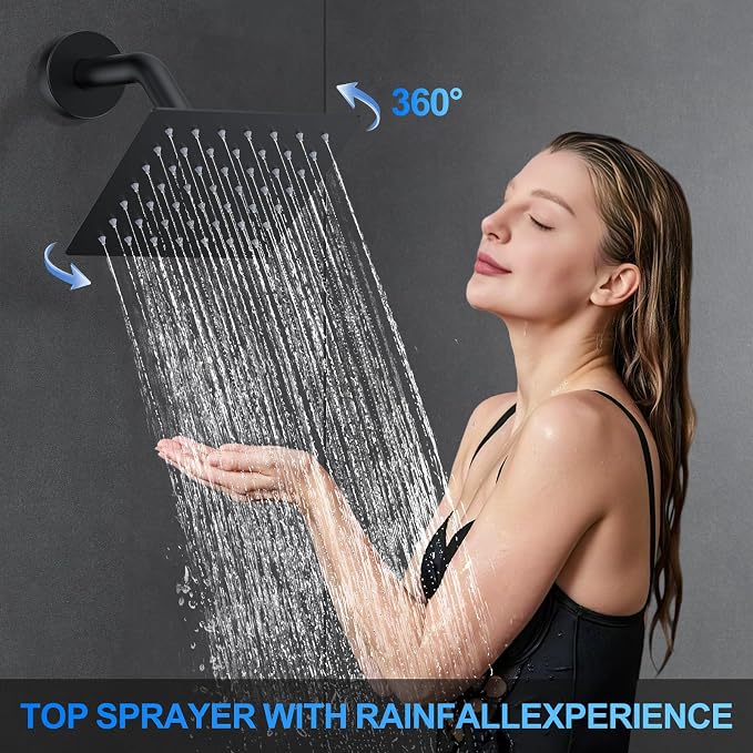 WOINDO Shower Faucet Set, 10" Wall Mount Rainfall Shower System with 2 Rain Shower Head and Multi-function Handheld Head Push Button Diverter Shower Faucet Trim Kit