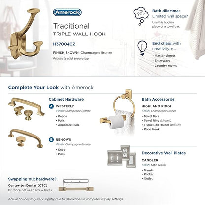 Amerock H37004CZ | Vicinity Triple Prong Decorative Wall Hook | Champagne Bronze Hook for Coats, Hats, Backpacks, Bags | Hooks for Bathroom, Bedroom, Closet, Entryway, Laundry Room, Office