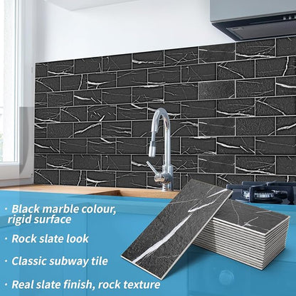 Art3d 102-Pack Peel and Stick Backsplash on Subway Tile, Black Marble | 3 x 6 in, PVC, Self Adhesive, Waterproof, Traceless Peel, Modular Splicing, Ideal for Vanities, Bathrooms