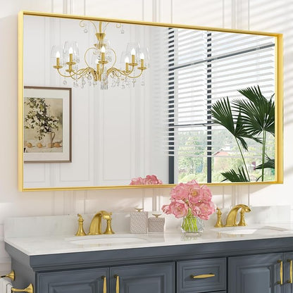 Keonjinn 60x36 Inch Gold Bathroom Mirror for Over Sink, Wall Mounted | HD Tempered Glass, Vanity Mirror, Brushed Framed, Square Corner, Modern Farmhouse, Rectangular Mirrors, Aluminum Alloy