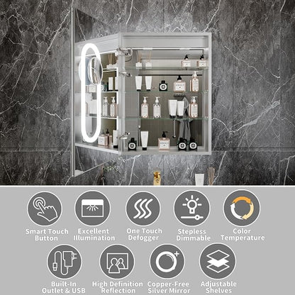 32x24 Lighted Medicine Cabinet with Mirror&Magnifier,LED Medicine Cabinet Mirror for Bathroom,Color Temp, Defogger,Front&Backlit,Built-in Outlets,Dimmable,Soft-closed,Adjustable Shelves,Left Opening