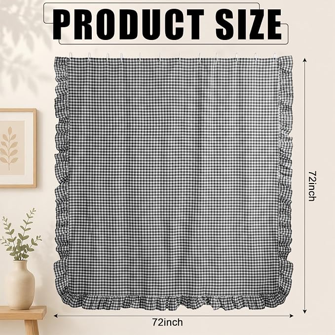 HunnmingRe Ruffled Gingham Shower Curtain Matte Black | 72'' x 72'' Vintage Farmhouse Curtain, Cotton Cottage Core Rural Checkered Plaid Decor, Fall Shower Curtain for Bathroom