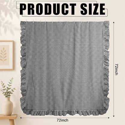 HunnmingRe Ruffled Gingham Shower Curtain Matte Black | 72'' x 72'' Vintage Farmhouse Curtain, Cotton Cottage Core Rural Checkered Plaid Decor, Fall Shower Curtain for Bathroom