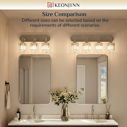 Keonjinn 3-Light Chrome Bathroom Light Fixtures Over Mirror, Crystal | Vanity Lighting Fixture with Crystal Square Shades, Dimmable, Vintage Style, Compatible with E26 Base LED Bulbs(Exclude Bulb)