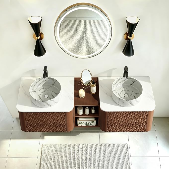 60 Inch Double Vanity with Sink Set, Floating Bathroom Sink Cabinet with Sintered Stone Top&Solid Wood Hammered Frame, Double Bathroom Vanities w/Soft-Close Drawers&1 Side Open Cube