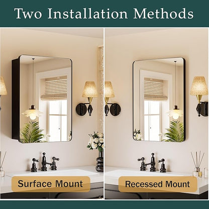Medicine Cabinet with Mirror 16x24 Inch, Aluminum Bathroom Cabinet Recessed or Surface Mount, Black Frame with Six Adjustable Glass Shelves, Soft Close Hinge