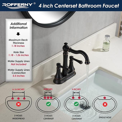 4" Centerset Oil Rubbed Bronze Bathroom Faucet for 2/3-Hole Sink | Includes Plastic Pop-Up Drain, Classic 4" Center Set Lavatory/Bath Vanity Faucets, 2-Handle High Arc 360° Swivel Brass Spout