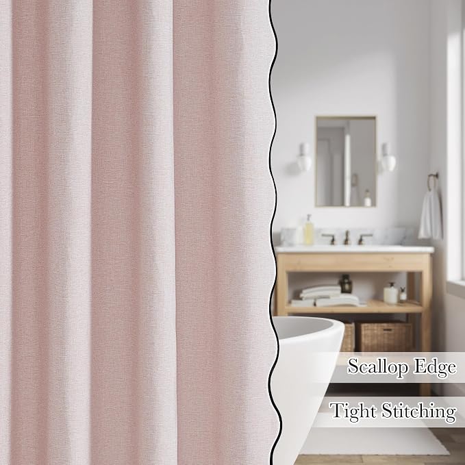 KGORGE Pink Shower Curtain Scalloped, Blush Cute Linen Textured Privacy Boho Heavy Duty Waterproof Washable Shower Curtain Set for Bathroom Home Decor with 12 Metal Hooks, 72 x 72 inches Long