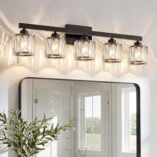 VOLISUN Crystal Vanity Lights for Bathroom, 5 Light Bathroom Vanity Light, Modern Matte Black Bathrooms Light Over Mirror, Black Bathrooms Lights Fixtures-UL Certificated(Exclude Bulb)