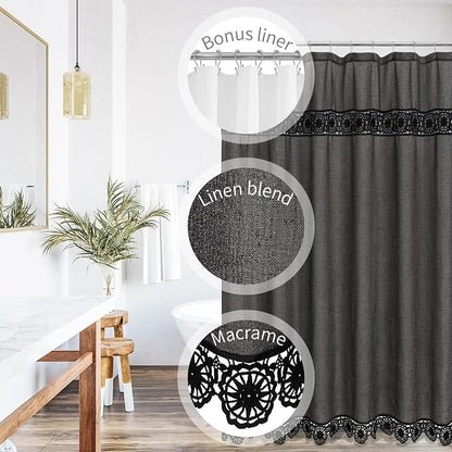 Linen Boho Lace Shower Curtain Liner Set 72x72 | Farmhouse Shower Curtain with Macrame Decor, Bohemian Cotton French Country Bath Curtain , Dark Grey