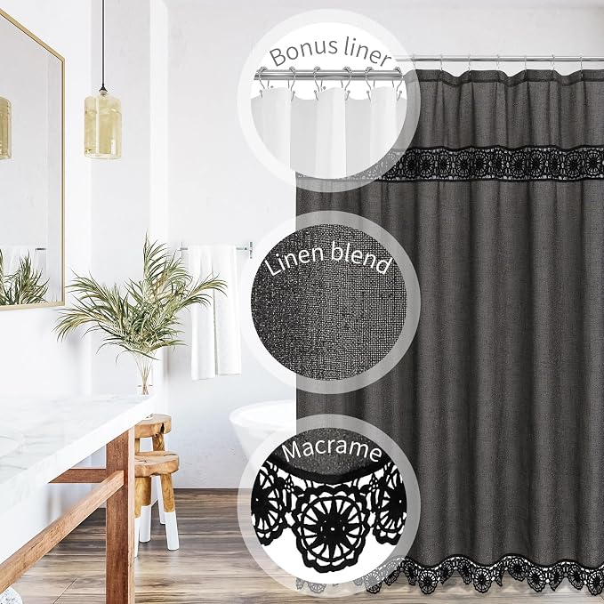 Boho Lace Shower Curtain Liner Set 72x72 | Farmhouse Shower Curtain with Macrame Decor, Bohemian Cotton French Country Bath Curtain , Black