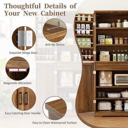 Shintenchi Kitchen Pantry Cabinet, Farmhouse Tall Cupboard, Rustic Brown | Freestanding, with 8 Door Shelves, 2 Cabinets and 1 Drawer, for Kitchen, Living Room, Dining Room and Bathroom