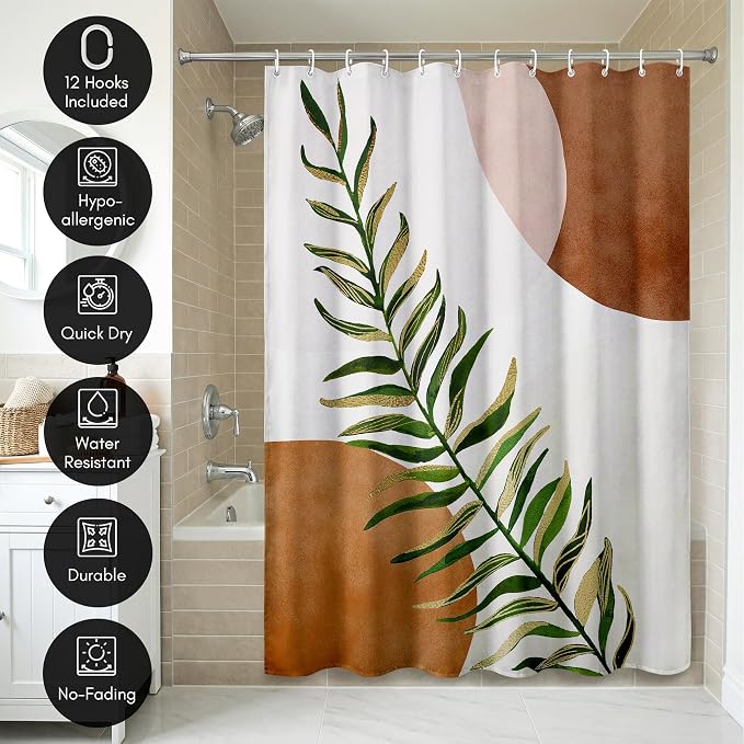 Americanflat 71x74 Boho Shower Curtain - Water-Resistant Long Shower Curtain with Durable Metal Grommets and 12 Hooks - 100% Polyester - Terracotta, Forest Green, Olive Green, Cream and Soft Pink