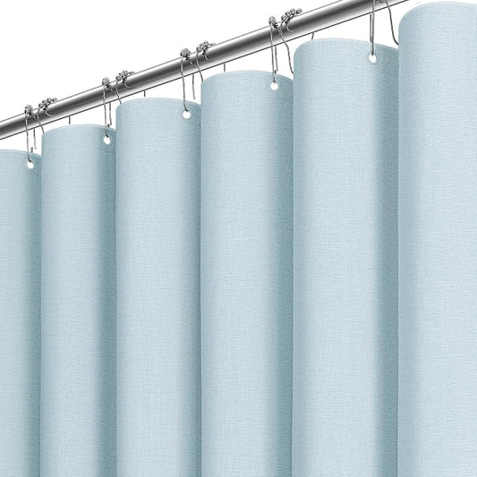 72x78 Linen Textured Waterproof Fabric Shower Curtain Set, Fog Blue | Long Size, 230GSM Polyester, Heavy Duty Cloth, Weighted Hem, 12 Plastic Hooks, Modern Luxury Hotel Style, Machine Washable