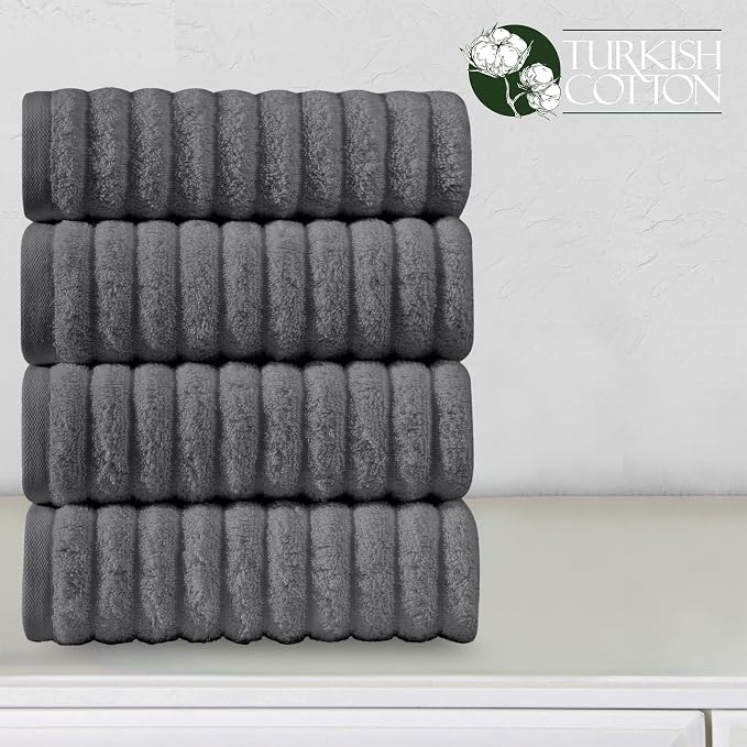 Elegant Comfort Luxury 100% Turkish Cotton Corduroy Ribbed 4 Pack Hand Towel Set 16 x 28 Inch - Absorbent, Super Soft, Quick Dry, Premium Towels for Bathroom, Gym, Spa and Hotel Use, Gray