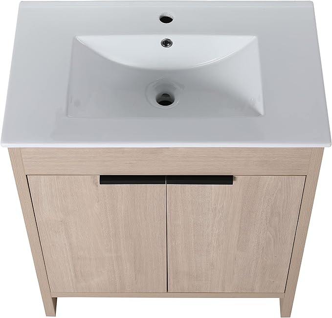 SSLine 30-Inch Bathroom Vanity with Sink Mid-Century Bathroom Vanities with Top Basin Floor Wood Bathroom Sink Cabinet with Soft-Close Doors & Adjustable Storage Shelves (Light Oak)