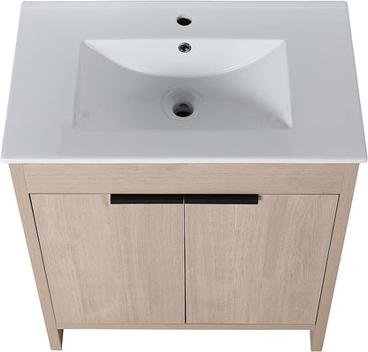 SSLine 30-Inch Bathroom Vanity with Sink Mid-Century Bathroom Vanities with Top Basin Floor Wood Bathroom Sink Cabinet with Soft-Close Doors & Adjustable Storage Shelves (Light Oak)