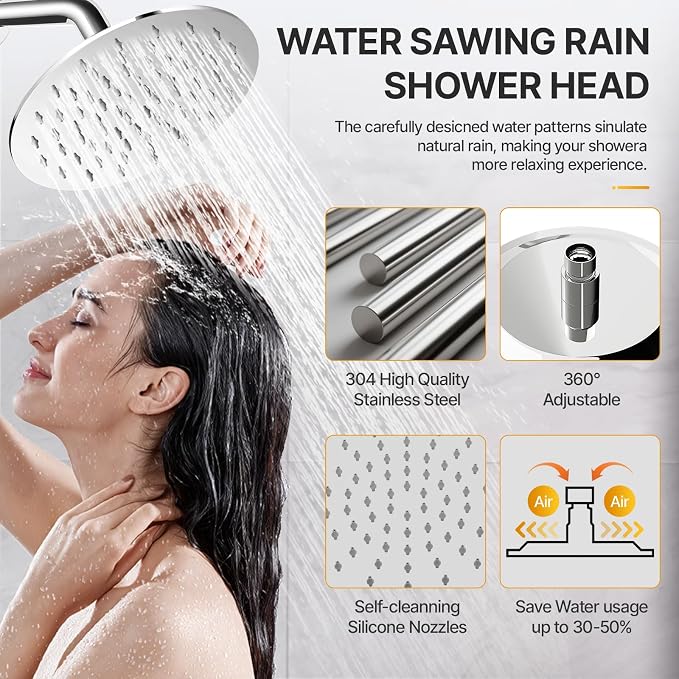 Shower Faucet Set 8IN Brass Rough-In Valve Body Trim Kit Rainfall Included Handle Accessories Complete 2 Functions with Rain Head and Handheld Bathroom Systems (8‘’, Chrome Polished)