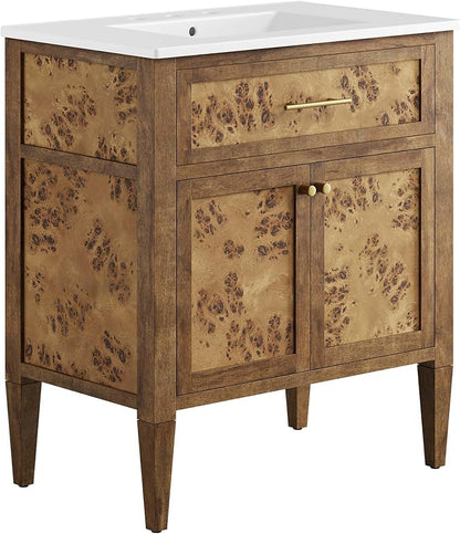 Modway Elysian 30" Burl Wood Bathroom Vanity in White Brown with Ceramic Sink Basin