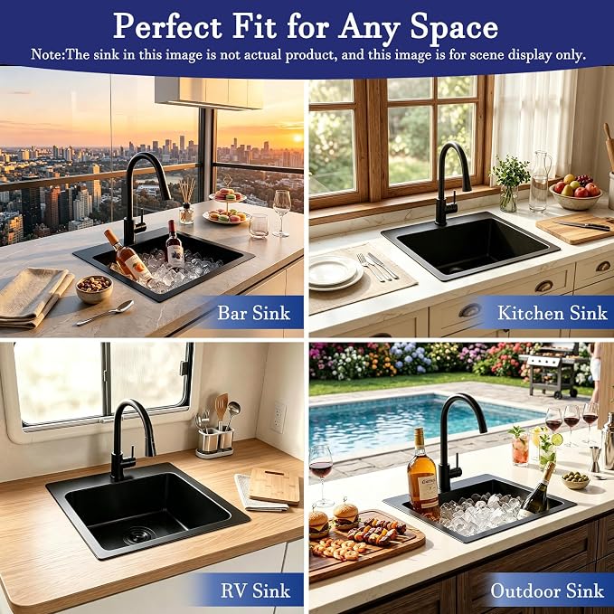 VAPSINT 15x15 Inch Black Drop In Bar Sink, Single Bowl Top Mount Handmade Gunmetal Black Wet Bar Prep RV Sink, 16 Guage Stainless Steel Outdoor Small Kitchen Sinks with Grid & Drain Strainer