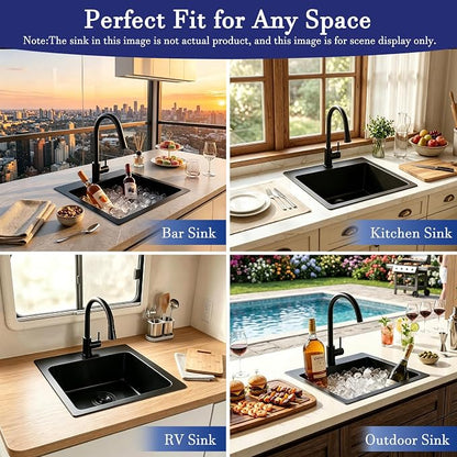 VAPSINT 15x15 Inch Black Drop In Bar Sink, Single Bowl Top Mount Handmade Gunmetal Black Wet Bar Prep RV Sink, 16 Guage Stainless Steel Outdoor Small Kitchen Sinks with Grid & Drain Strainer