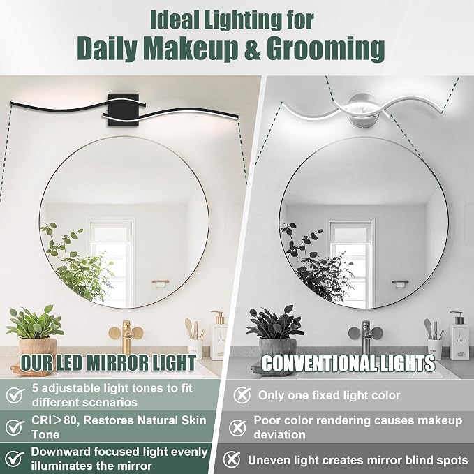 LED Bathroom Vanity Light Dimmable 5CCT 40in, Matte Black | 2700K-6500K Selectable, CRI>80, Rust-Proof Metal & Acrylic, ETL Certified, For Bathroom Mirrors, Washrooms, Vanity Areas