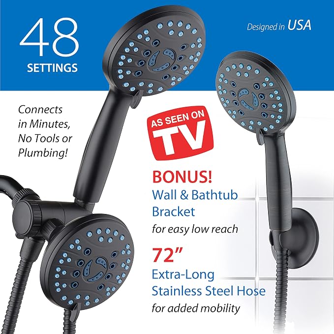 AquaCare 48-mode High Pressure 3-way Shower Head Combo w/ 2-mode Power Wash | Pure Clean Jets, Dual Handheld Power Wash for Tub, Tile & Pets, Long 6 ft. Stainless Steel Hose, Extra Wall Bracket / Black