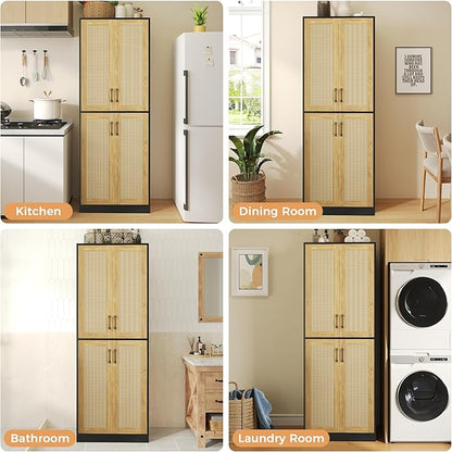 JASIWAY Kitchen Pantry Cabinet, 67" Tall Rattan Storage Cabinet with Doors and Adjustable Shelves, Wooden Linen Pantry Cupboard for Small Spaces Laundry Room Bathroom, Food Snack Towels Storage, Black