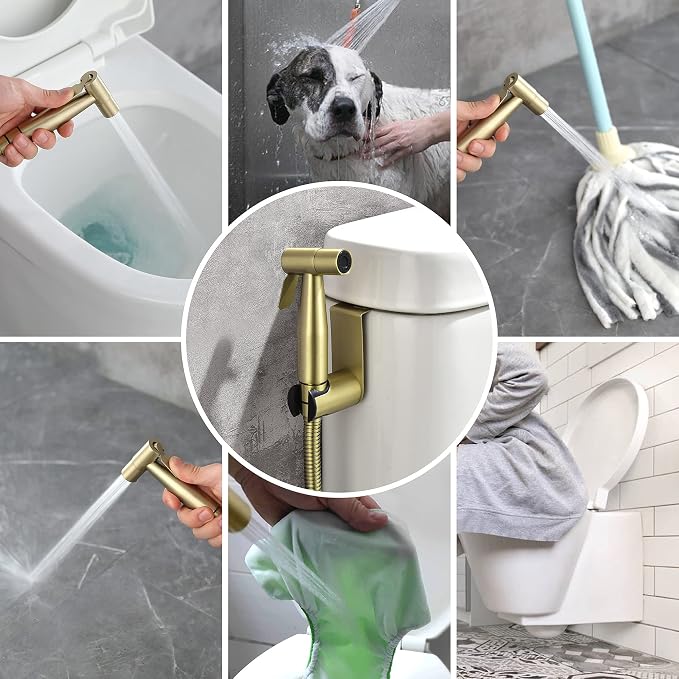 Handheld Bidet Sprayer for Toilet, Stainless Steel Baby Cloth Diaper Sprayer Kit, Bathroom Toilet Bidet Attachment Set for Bathing Pets Feminine Hygiene, Brushed Gold BDS01-3