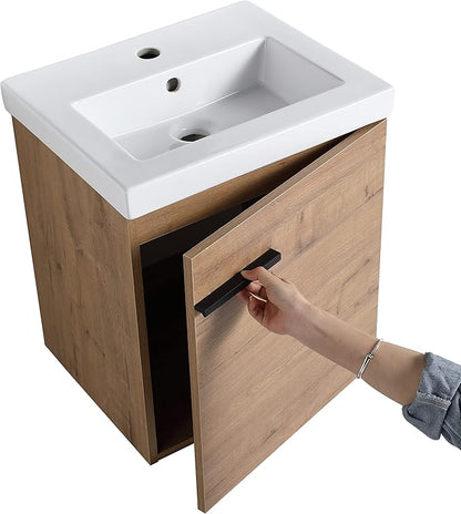 18" Floating Bathroom Vanity with Sink, Mordern Brown Vanity Combo for Small Bathroom, Single Bath Wall Mounted Cabinet Side for Narrow Space, 1 Door and 1 Ceramics Basin. (017-Imitative Oak, 18*15)