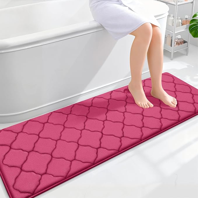 OLANLY Memory Foam Bath Mat Rug 59x20, Ultra Soft and Absorbent Bathroom Rugs, Non-Slip, Comfortable, Machine Washable Bath Carpet for Bathroom Floor, Tub, Shower and Home Decor Accessories, Deep Pink