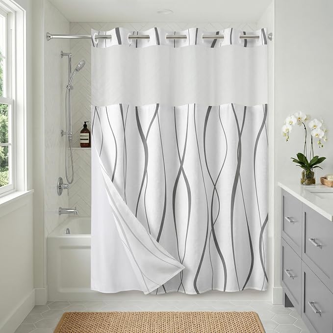 Americanflat 72x75 Hookless Shower Curtain - Water-Resistant Soft Waves Shower Curtain with Sheer Panel, Snap-in Liner, and Durable Grommets - 100% Polyester - Black and White