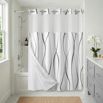 Americanflat 72x75 Hookless Shower Curtain - Water-Resistant Soft Waves Shower Curtain with Sheer Panel, Snap-in Liner, and Durable Grommets - 100% Polyester - Black and White