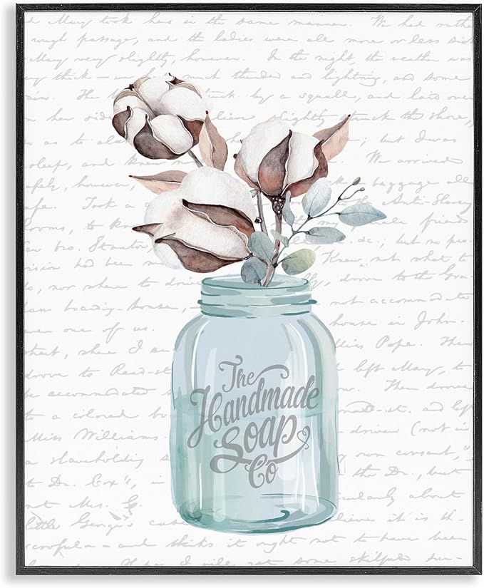 'Handmade Soap Jar & Cotton Flower'| Framed Giclee Art | Stupell Industries | Black, 11 x 14 Inches, Easy to Hang and Sturdy, Made in USA, by Lettered and Lined