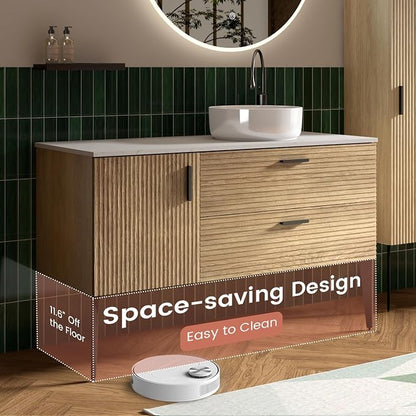 48" Bathroom Vanity with White Vessel Sink, Wall-Mounted, Oak | Fluted Bathroom Cabinet with Offset Ceramic Sink, 2 Soft-Closing Drawers & 1 Door, Engineered Stone Countertop