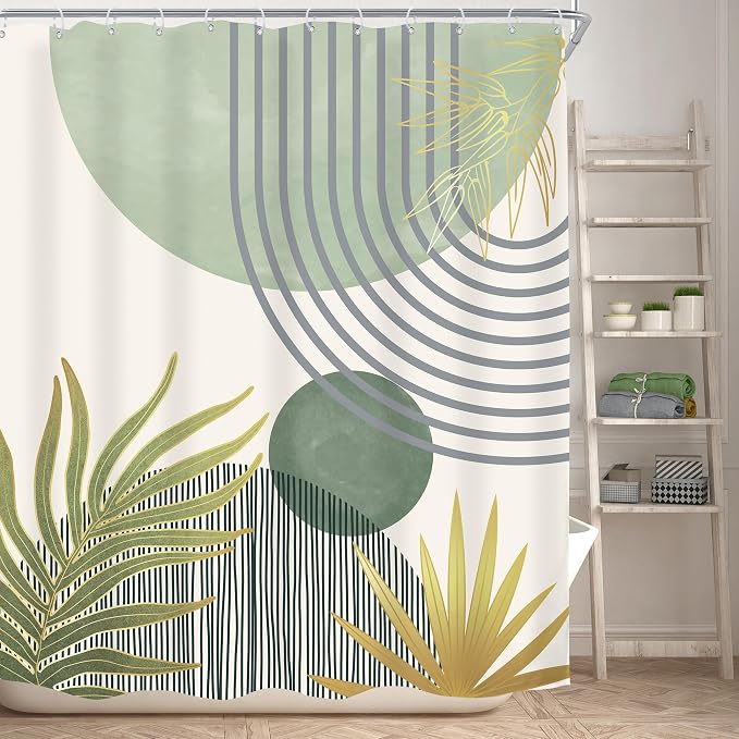 Mid Century Mint Green Boho Abstract Modern Bathroom Shower Curtain Set | 60Wx72L S Plant design, waterproof HD print with fast-drying fabric and 12 hooks.