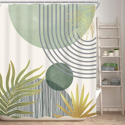 Mid Century Mint Green Boho Abstract Modern Bathroom Shower Curtain Set | 60Wx72L S Plant design, waterproof HD print with fast-drying fabric and 12 hooks.