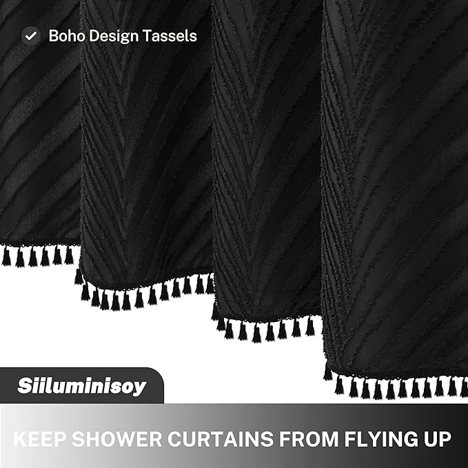 Black Boho Woven Fabric Shower Curtain, 72 x 72 Tufted Leaves Textured Striped Modern Farmhouse Minimalist Cloth Curtain for Bathroom