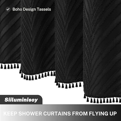 Black Boho Woven Fabric Shower Curtain, 72 x 72 Tufted Leaves Textured Striped Modern Farmhouse Minimalist Cloth Curtain for Bathroom