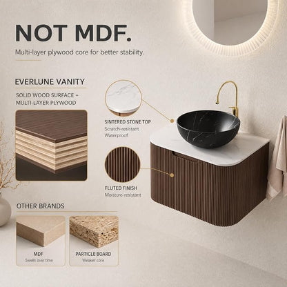 24 Inch Bathroom Vanity with Sink, Floating Wall Mounted Single Sink Vanity for Small Baths, Dark Walnut Curved Fluted Front, Stone Top, Black Marble Vessel Basin, Pre-Assembled