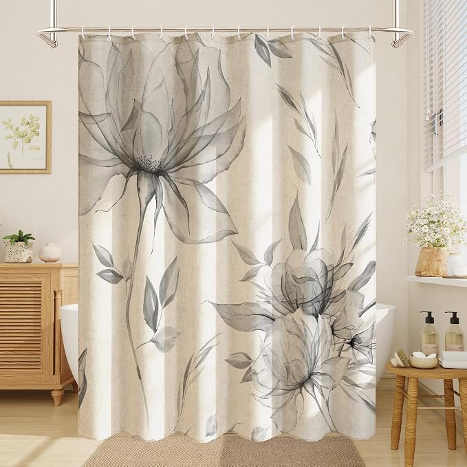 Litabel Farmhouse Grey Floral Linen Shower Curtain, Boho Vintage Spring Cotton Shower Curtains for Chic Elegant Bathroom Decor, Ink Painting Style Blossom Fabric Bath Curtain, 72 x 72