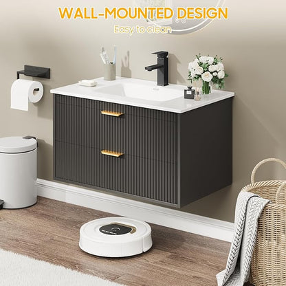 Vabches 24 Inch Bathroom Vanity with Sink, Wood Grain Wall Mounted Vanity with 2 Storage Darwers, Floating Bathroom Vanity with Storage, Bathroom Floating Vanity with Sink, Faucet, Drain, Black
